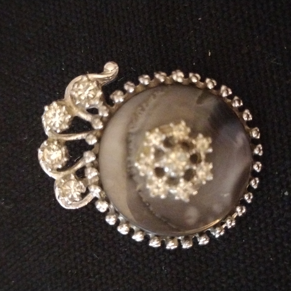 Vintage Gray Stone with White Rhinestones Brooch
